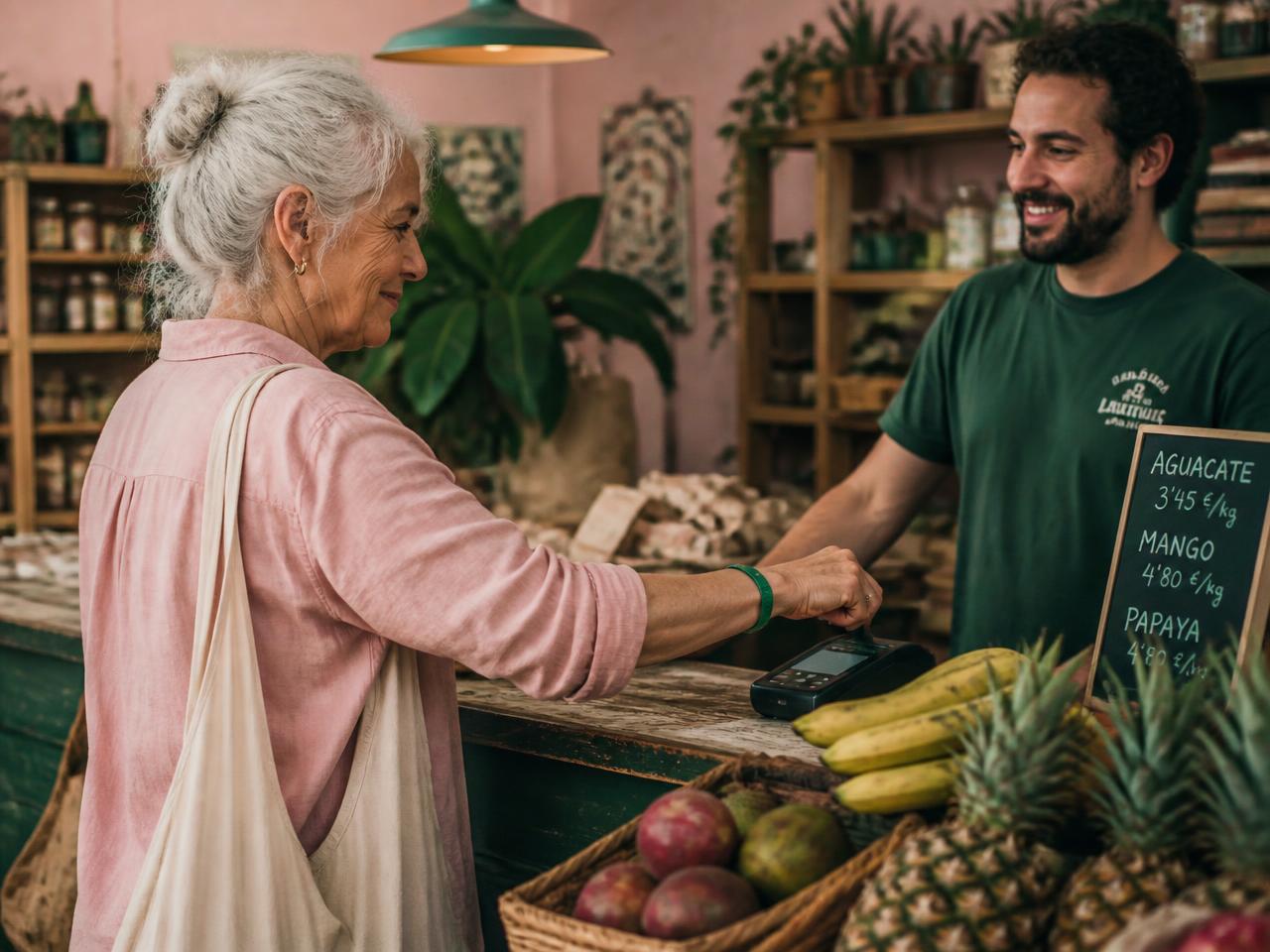 Vecina validando su pulsera NFC en el mostrador de una frutería de barrio en Telde